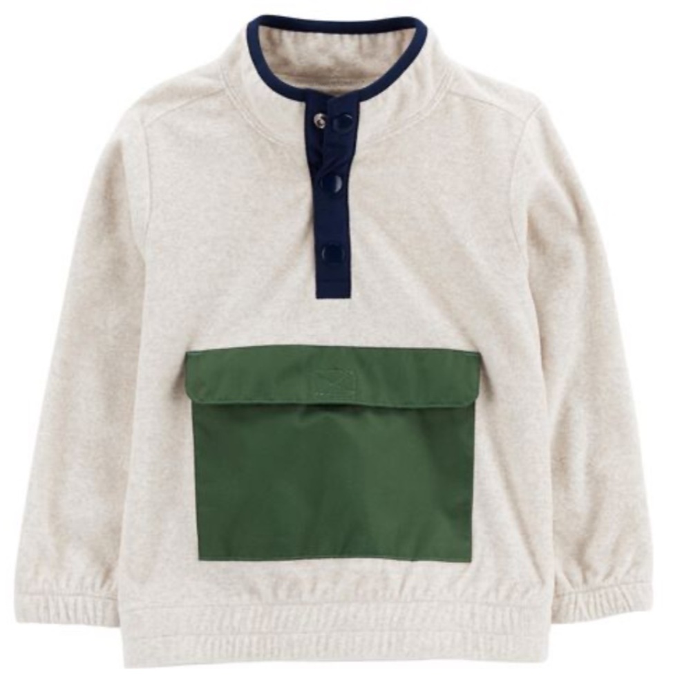 Carter's Cream Pullover with Green Front Pocket and Navy Trim
